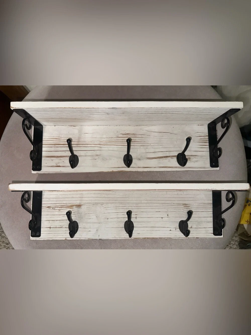 Rustic White Wood Wall Hook Shelf with Black Metal Hooks